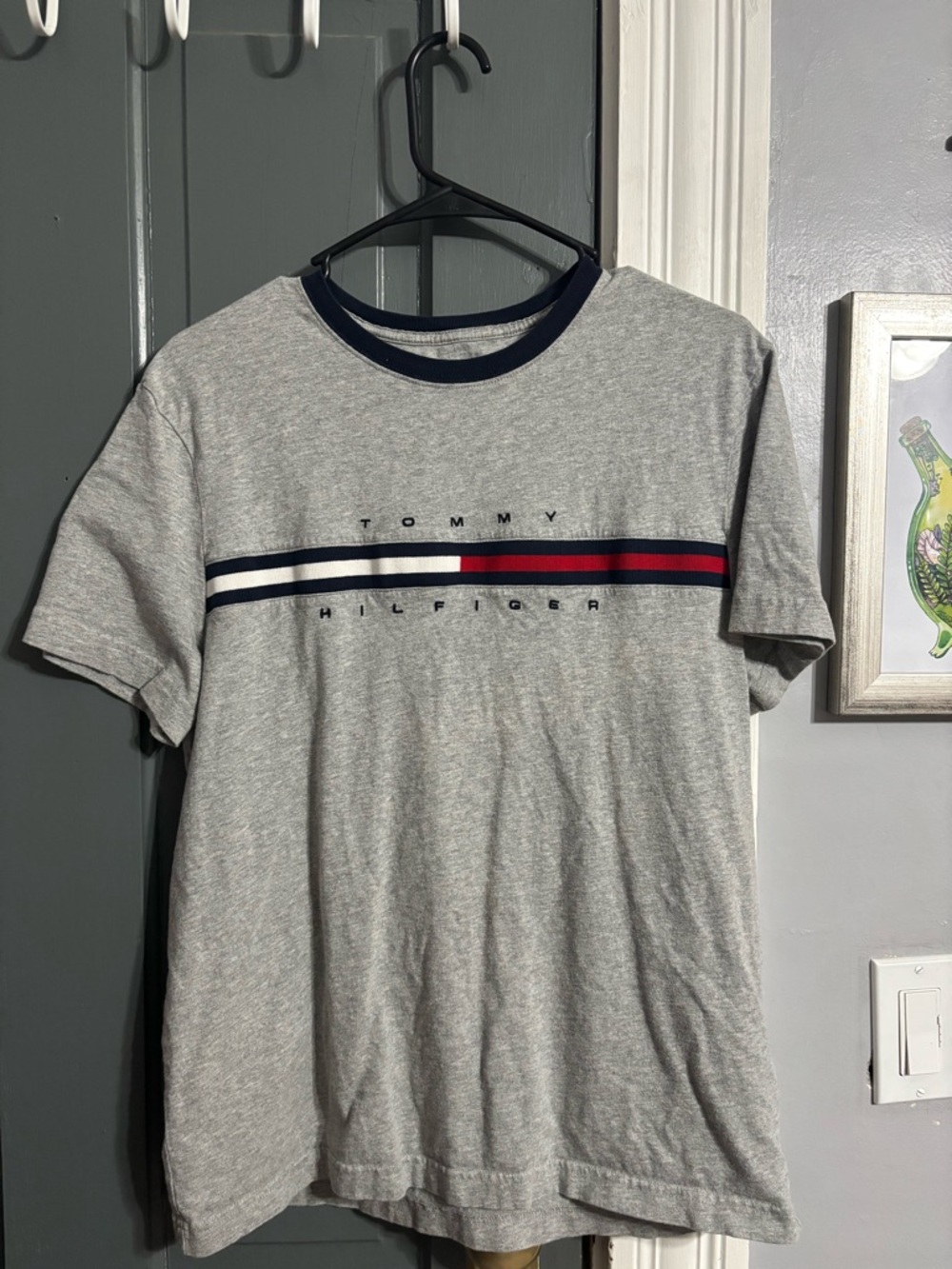 Tommy Hilfiger Grey Tee with Navy and Red Chest Stripe